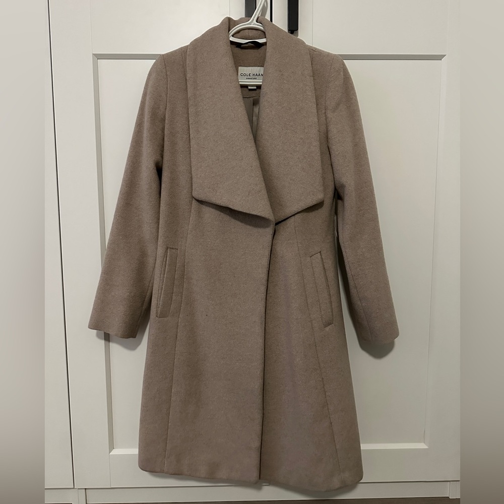Cole Haan Taupe Wrap-Front Wool Trench Coat